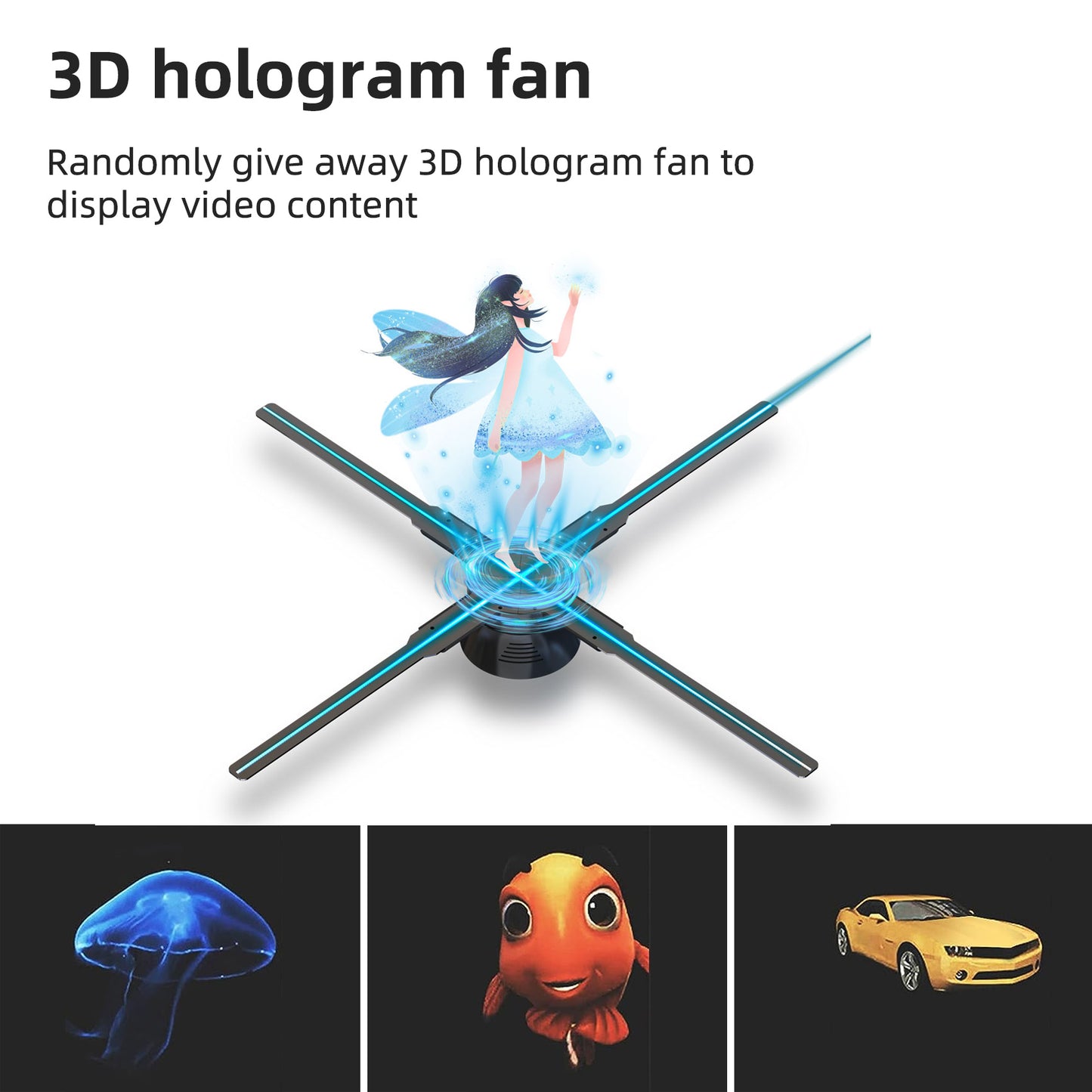 3D Hologram Fan Display with WiFi, Four-Axil Spinning, and High Transfer Speed, Upload by iPhone or Android，39.4 inch 3D Holographic Fan Projector for Shop, Bar