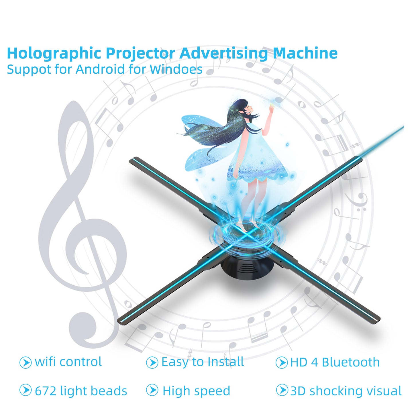 3D Hologram Fan Display with WiFi, Four-Axil Spinning, and High Transfer Speed, Upload by iPhone or Android，31.5 inch 3D Holographic Fan Projector for Shop, Bar